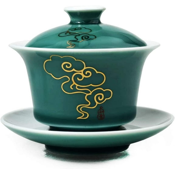 Porcelain Gaiwan 5oz /150ml Teacup White Glazed Classical Chinese Auspicious Clouds Tea Cup Tureen Sancai Cover Bowl Lid Cup Saucer Set (Green)
