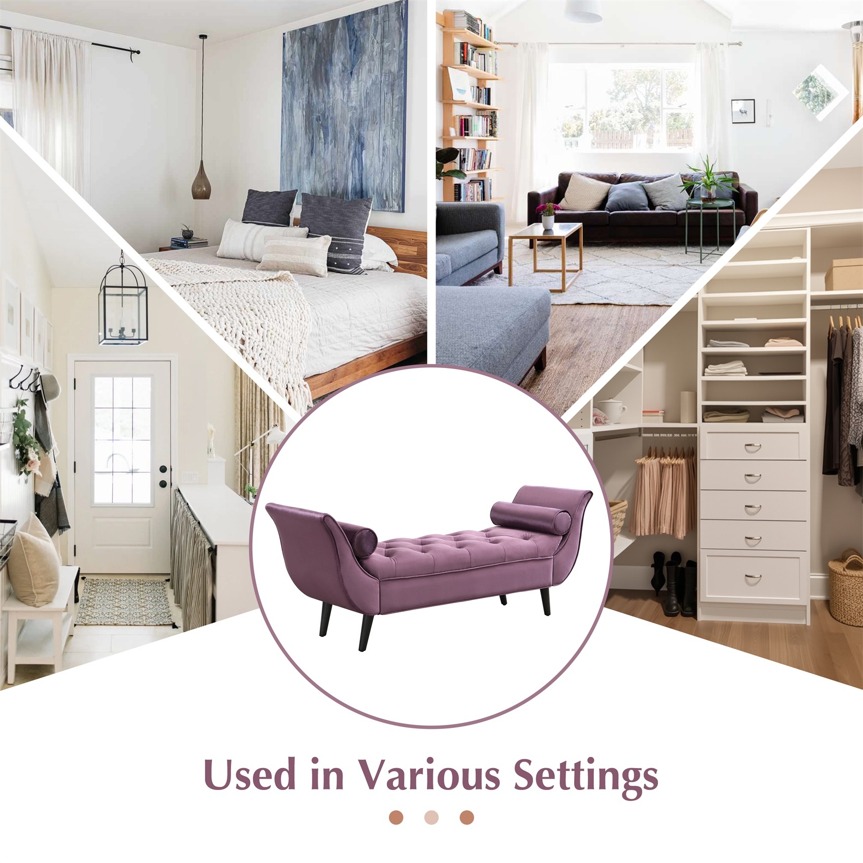 Alvantor Button Tufted End of Bed Benches Velvet Upholstered Bench with Pillows for Bedroom,Living Room, Entryway Purple
