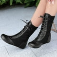 thumbnail image 4 of Fankiway Bottes Mi-Mollet à Lacets pour Femmes Semelle Plate Bout Rond Style Vintage Bottes d'Hiver Mode Noir, 4 of 8