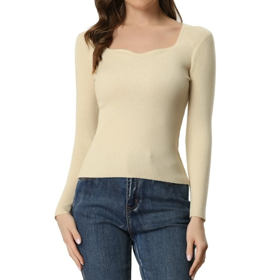 MODA NOVA Juniors Pullover Sweater Long Sleeve Sweetheart Neck Sweater Casual Top Slim Fit Beige XS