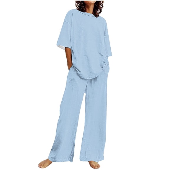Maqroz Office Outfits for Women 2026 Solid Shirt and Straight Pants Set Two Piece Outfit Business Casual Summer Sets Light Blue XL