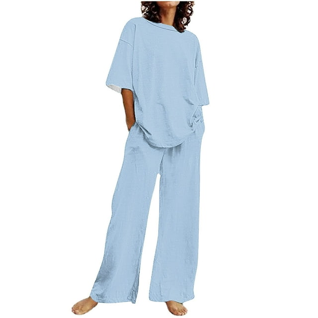 Hot6sl Liquidation d'Économies d'Été Ensembles de Blouses et Chemises à Manches Courtes à Col Rond, Ensemble Décontracté Uni pour Femmes avec Haut à Manches Courtes, Pantalon et Col Rond, Ensemble pour Femmes/bleu Pâle, m