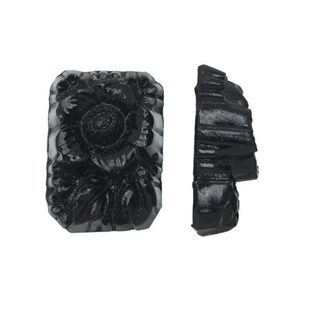 Floral Pattern Glass - Vintage Japanese Glass Cabochon, Rectangle with Floral Pattern 11x16mm, 1 Piece, Black