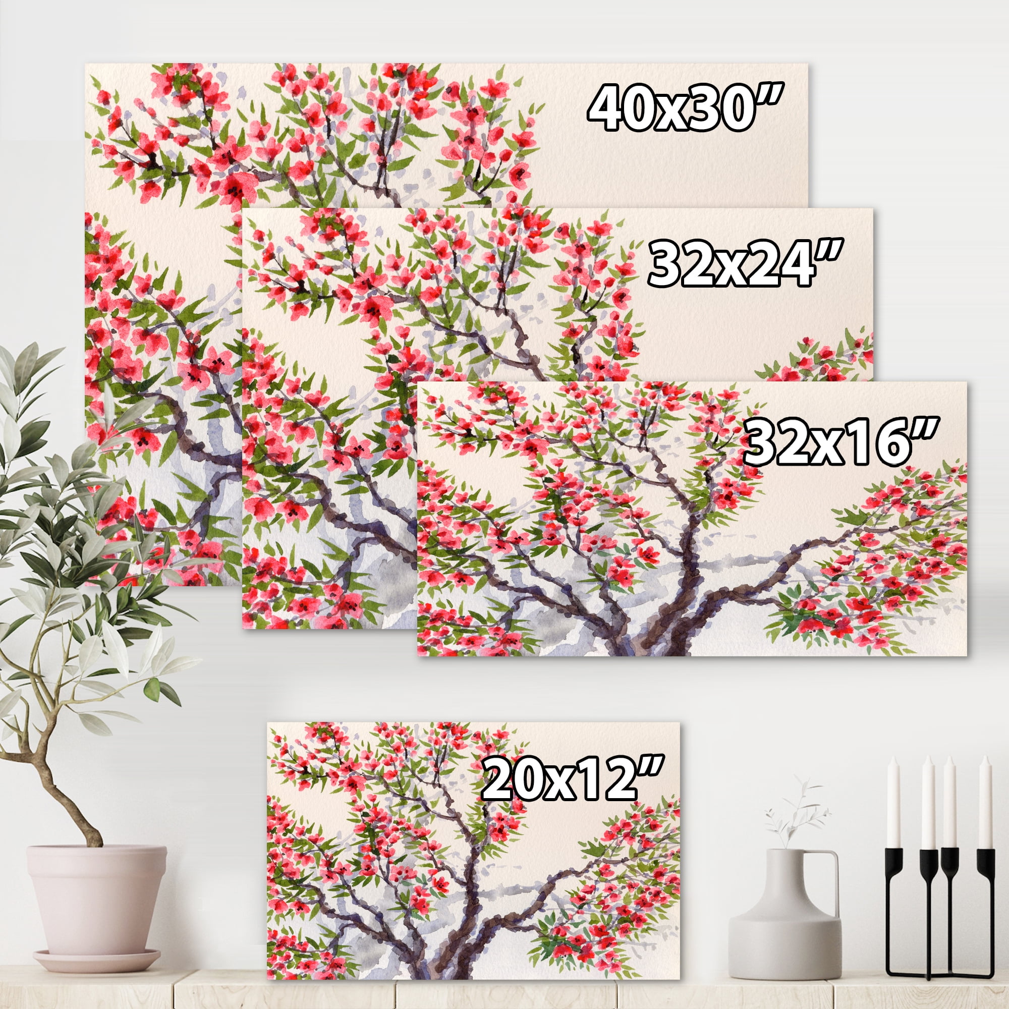 Designart ' Red Flowers On The Spring Blossoming Tree II ' Traditional Canvas Wall Art Print