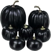 Jikolililili 7Pcs Black Plastic Pumpkins, Mixed Size Black Pumpkins for Halloween Fall Tabletop Decorations