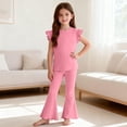 thumbnail image 5 of OGLCCG Girls 2 Piece Summer Outfits Ruffle Sleeve Crewneck T-shirt and Flare Pants Solid Color Casual Cotton Lounge Clothes 1-9 Years, 5 of 7