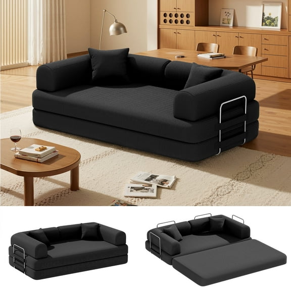 HOMIER Convertible Sleeper Sofa Bed with Cylindrical Pillow, Corduroy Folding Mattress Couch with Fixed-Shape Frame, Floor Sofa Lounge Couch for Living Room Bedroom Lounge Studio, Black