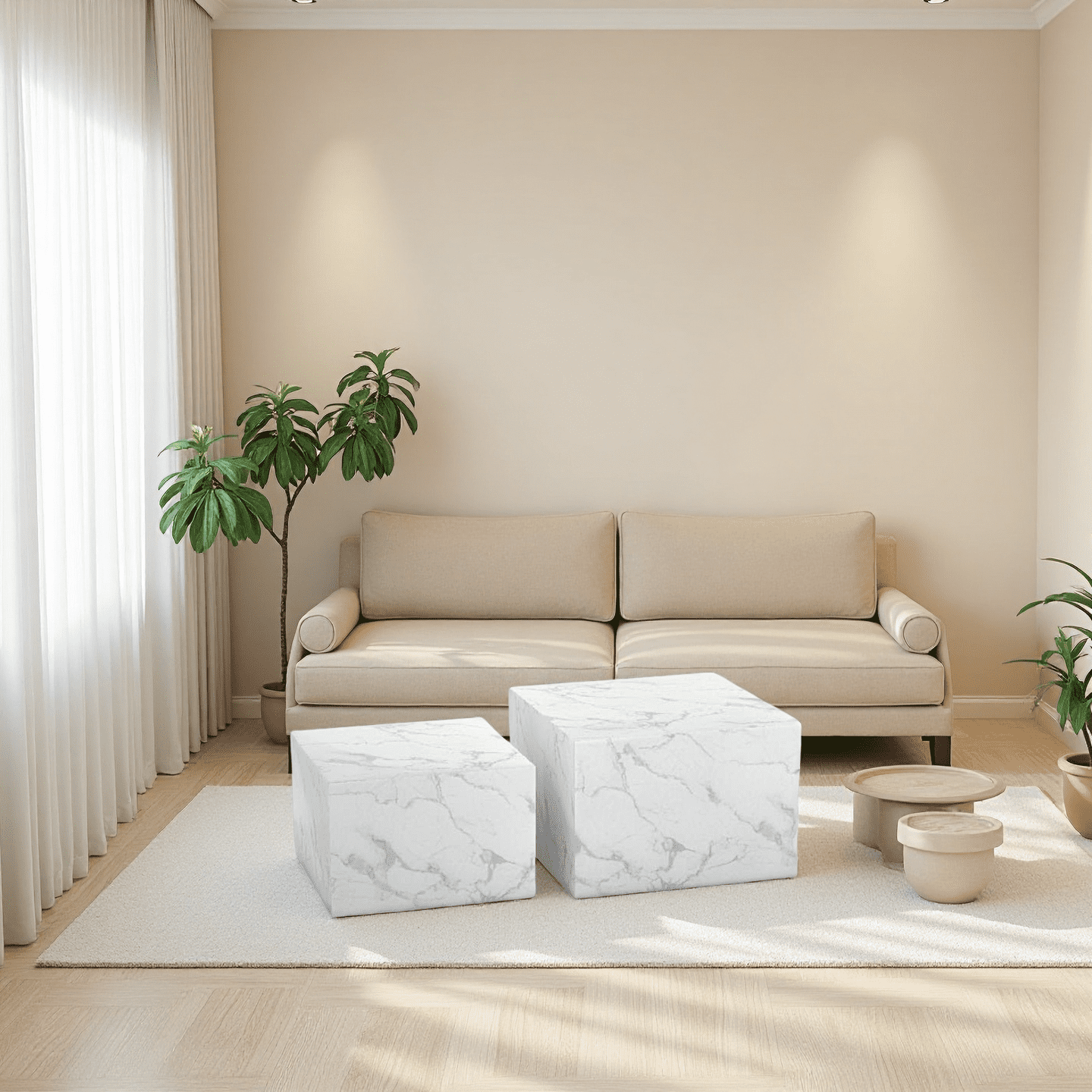 Caffoz Square Faux Marble Coffee Table Set of 2, Nesting Design, Pre-Assembled Living Room Accent Tables,Marble White