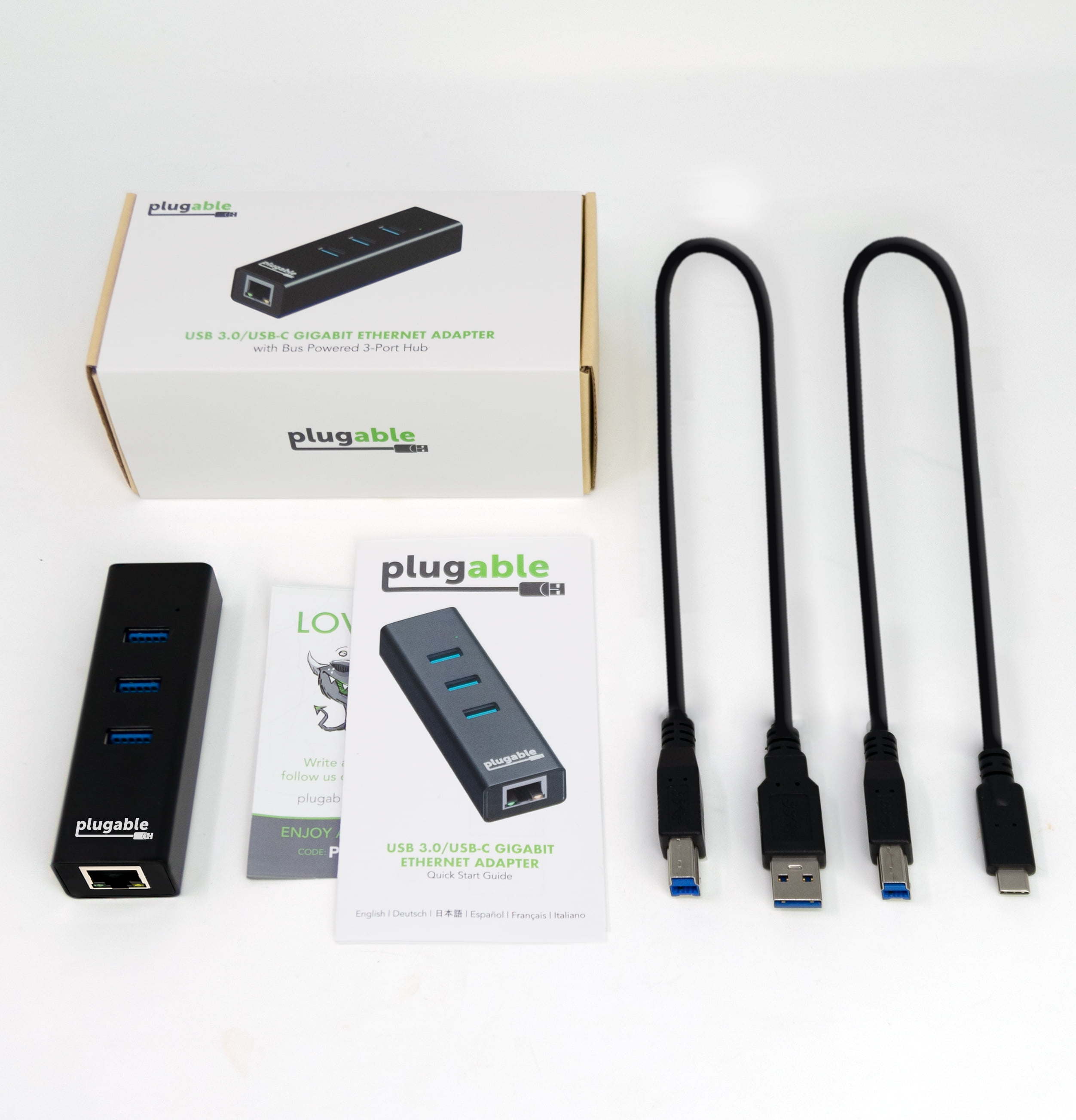 3-Port USB 3.0 Plugable Travel USB Hub and Network Adapter 1-Port Ethernet