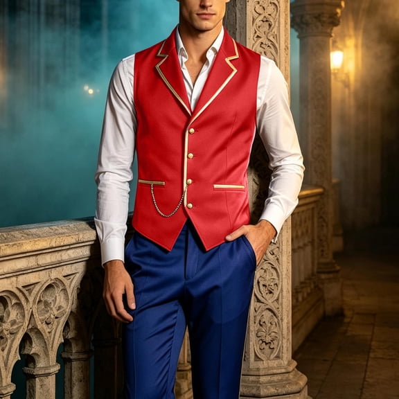 LEKWK Mens Victorian Vest Vintage Prince Costume Renaissance Gothic Gold Trim Chain Waistcoat Costume Cosplay Halloween Themed Party Fancy Dress