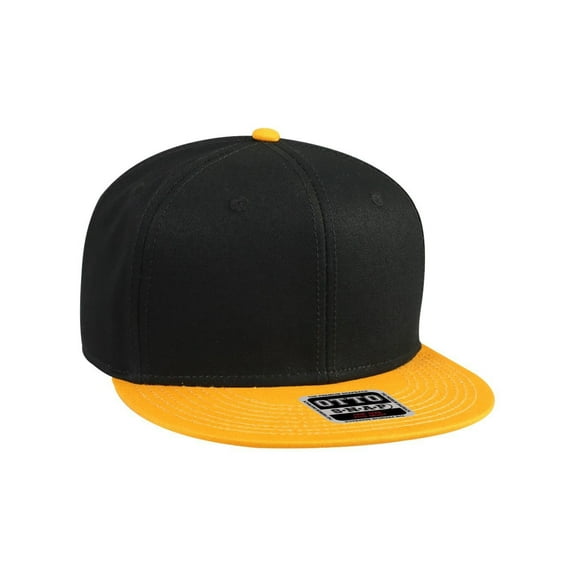 Cotton Twill Flat Bill 6 Panel Mid Profile Snapback Hat, Gold/Black