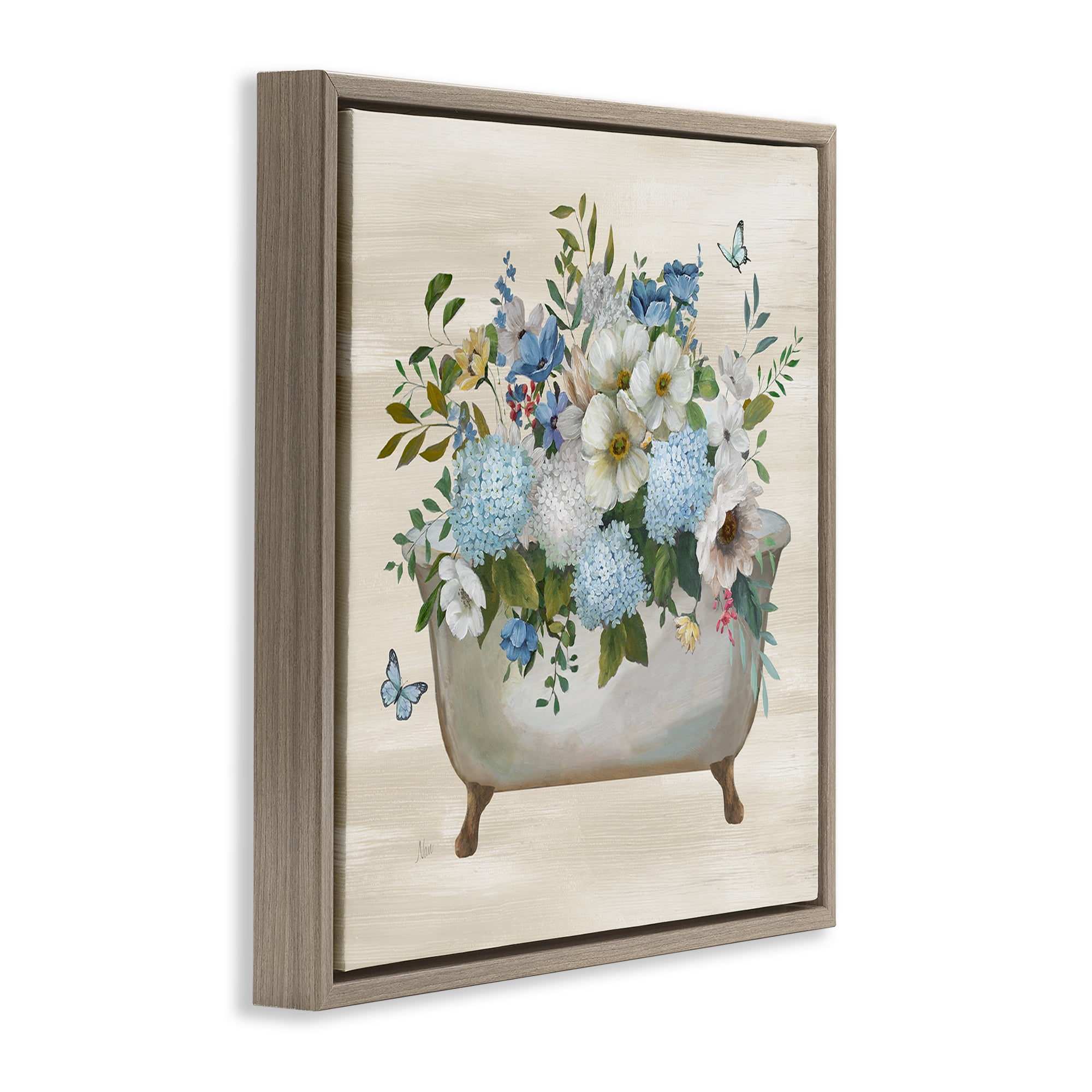 Stupell Industries Full Hydrangea Bathtub Typography Painting Brown Floater Framed Canvas Art Print Wall Art, 18 x 18