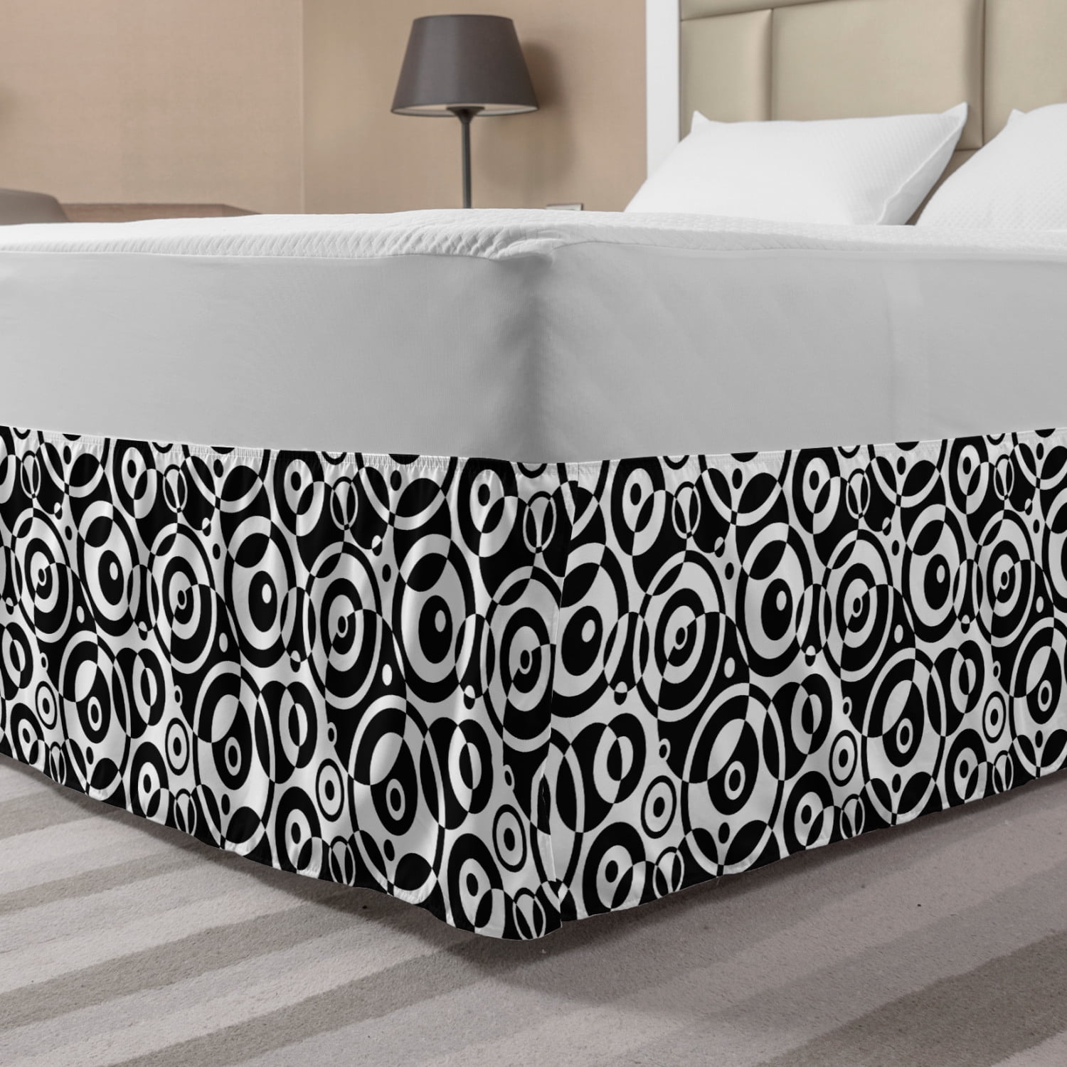 Black and White Bed Skirt, Circular Pattern Monochrome Dots with