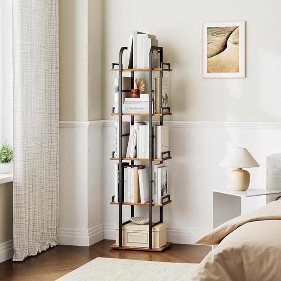 5 Tier Rotating Bookshelf, Freestanding Corner Bookshelf, 360 Spinning Bookcase Tower, Tall Industrial Style Organizer, Storage Shelf Bookcase for Living Room, Study, Rustic Brown SJ02BR