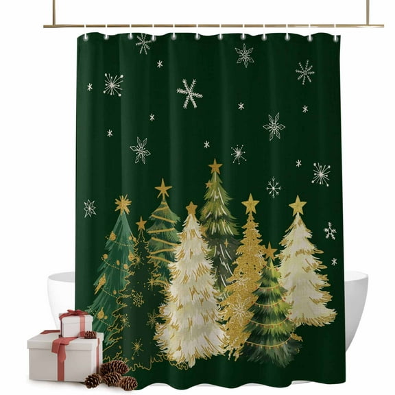 Shower Curtain 60"W x 72"L Watercolor Christmas Trees Snowflakes Green Fabric Shower Curtains Set with Hooks Water Repellent Bathroom Curtains Machine Washable Bathroom Accessories
