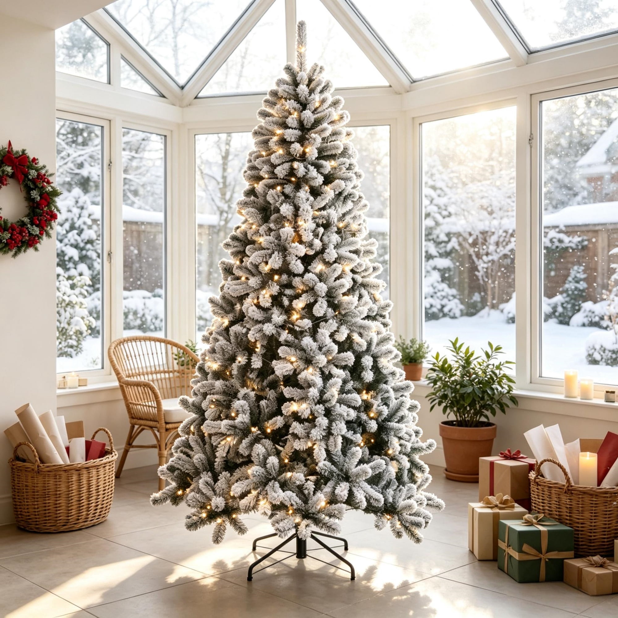 6 ft Pre-Lit Flocked Artificial Christmas Tree with Warm White LEDs, 706 Tips, PVC and Steel, Indoor Holiday Decor