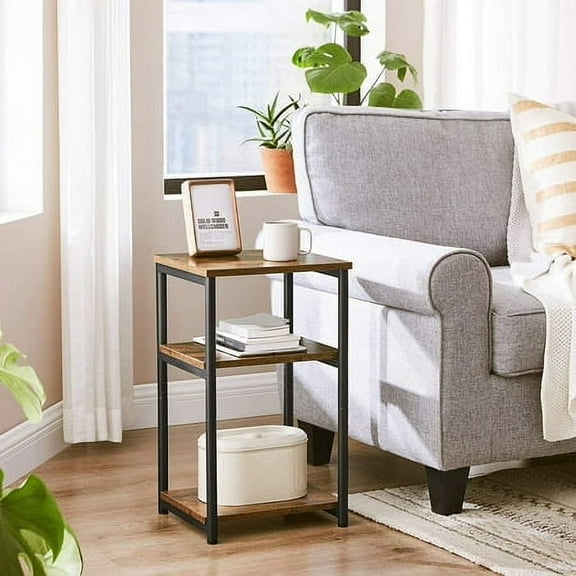 3-Tier Tall Side Table, Steel Frame End Table with Storage Shelves for Living Room Rustic Brown and Black