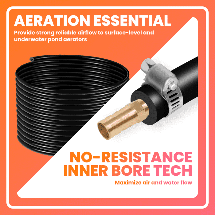 Self-Sinking Weighted Pond Aerator Hose Set (with Stainless Steel Clips & Copper Repairers), Black Fabric High Pressure Leak-Proof Garden Watering Hose, Lightweight and Portable, No Kinks