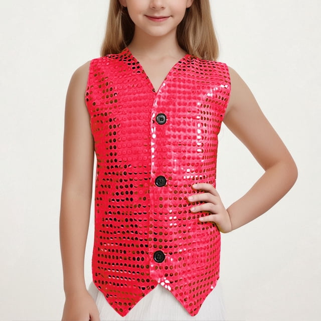 LOVZFMLL Vestes pour Filles Tenue de Performance pour Enfants T-shirt à Manches Courtes à Sequins Col Rond Élastique 8-9 Ans