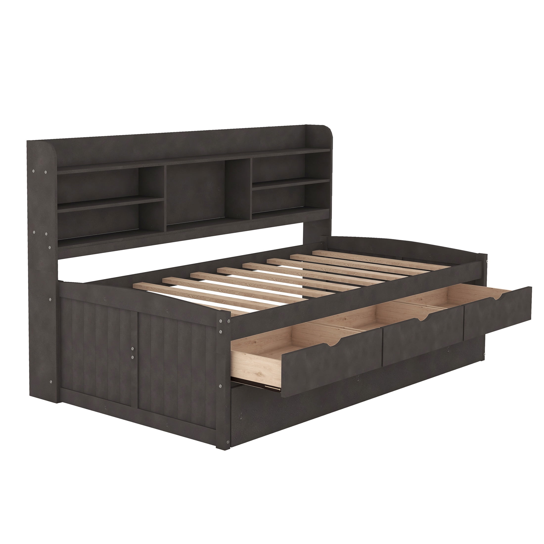 Noble House Savoy Twin Size Wooden Captain Bed with Bookcase Headboard and Trundle, Storage Drawers, Antique Brown