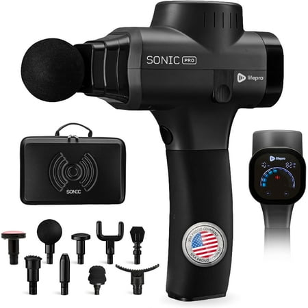 LifePro Sonic Pro Massage Gun – Deep Tissue Handheld Massager Gun for Back, Legs & Arms with 10 Speeds, 9 Heads – Portable Electric Muscle Gun for Athletes - Black
