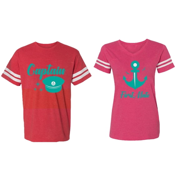Captain First Mate Matching Couple Cotton Jerseys (Men Red / Women Pink) (Men L / Women XXL)