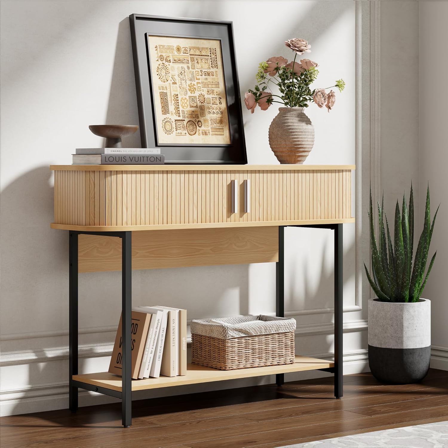 ECOTINY 40" Mid-Century Modern Entryway Table, Ultra Slim Fluted Console Table with Sliding Doors & Storage, Rounded Corner Wooden Sofa Table for Hallway & Living Room, Natural
