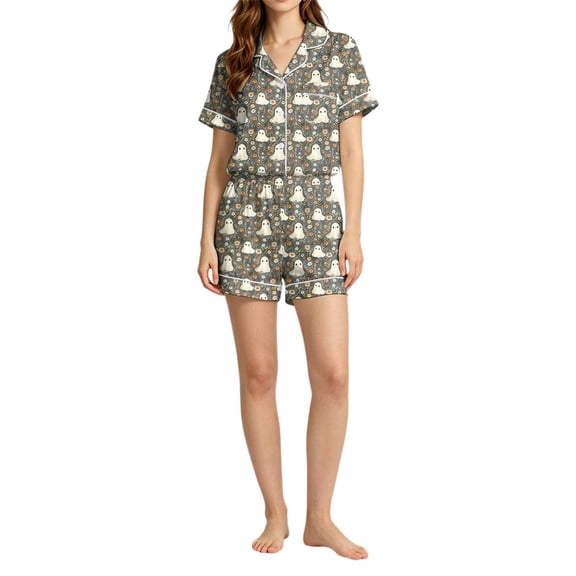 Halloween Silk Pajamas Women Halloween Print Loungewear Set for Women Cozy Home Sleepwear Casual Daily Comfort White L