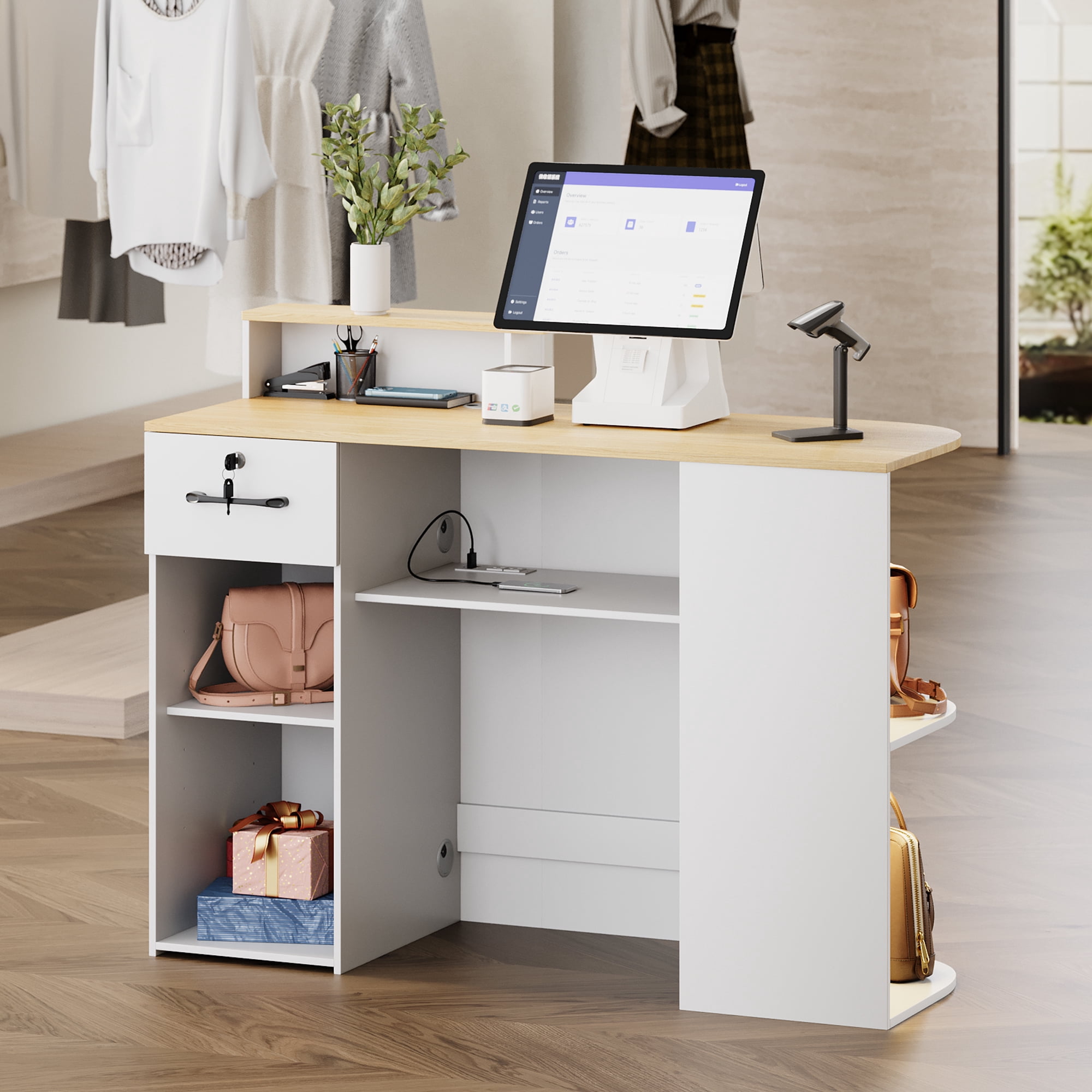 Advwin Modern Reception Desk with LED Light, Power Outlets, Lockable Drawer & Storage Shelves, Front Desk Counter Table for Office, Lobby, Spa, Nail Salon, White & Wood