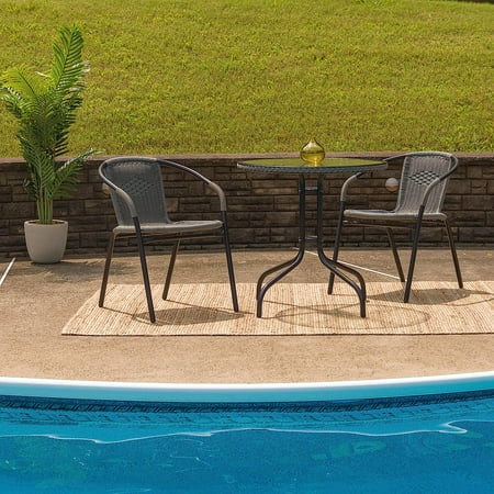 28" Round Tempered Glass Metal Table With Gray Rattan Edge