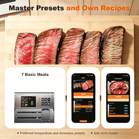 Smart Wireless Meat Thermometer 4 Probes, Bluetooth Food Thermometer, Remote Tracking and Real-Time Readings from Apps, for iOS and Android, for BBQ, Grill, Smoker