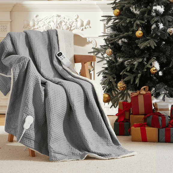 GARVEE Electric Heated Throw Blanket Gray 50"x60" Waffle Heating Blanket,6 Heat Levels & 1-4H Time Settings,Machine Washable