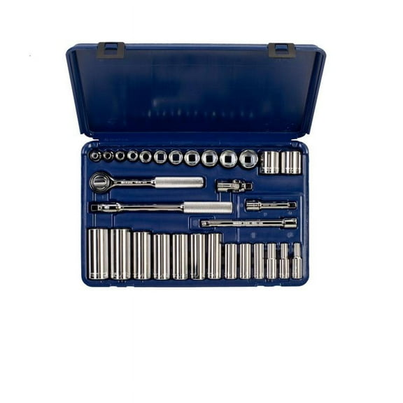 Wright Tool 339-MC 3/8" Drive 31 Piece Blow Mold Case Set - 6 Point Standard & Deep Sockets, 1/4" - 1", Ratchet, Flex Handle, 3", 6" Extensions, Universal