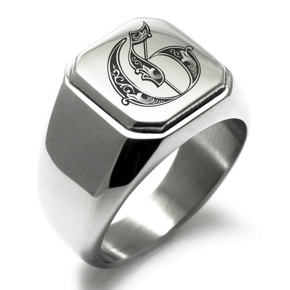Tioneer Stainless Steel Letter G Initial Royal Monogram Engraved Square Flat Top Biker Style Polished Signet Ring