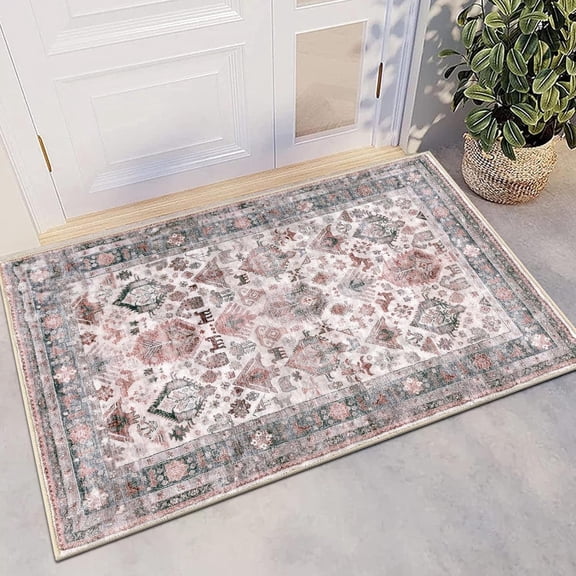 MJIAexp 2'x3' Moroccan Bedroom Rug Washable Vintage Boho Area Rug Non-Slip Accent Throw Rug Stain Resistant Floor Carpet for Kitchen Entryway Bathroom Living Room Office Accent Pink