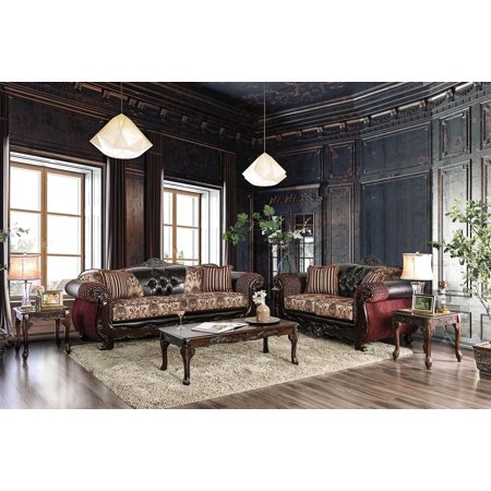Traditional Burgundy & Dark Brown Living Room Set 5pcs FOA Quirino & Cheshire