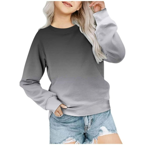 SUXIAN Girls Sweatshirt Gradient Print Round Neck Long Sleeve for Autumn Winter Casual Hoodless Wear Black 10-11 Years