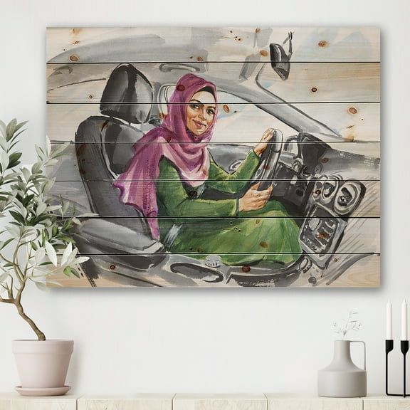 Designart 'Arabian Lady Driving A Car II' Modern Print on Natural Pine Wood