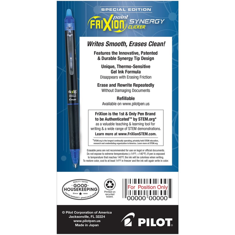 Pilot 17369 FriXion Synergy Clicker 0.5 mm Retractable Erasable Gel Pen - Blue (1-Dozen)