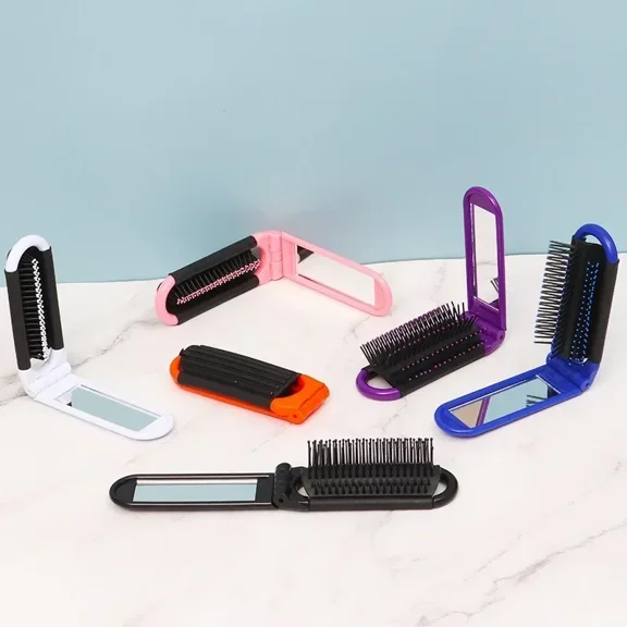 black Mini Folding Hair Brush With Mirror Portable Professional Travel Hair Comb Women Men Anti Static Massage Brush Hair Styling Tool