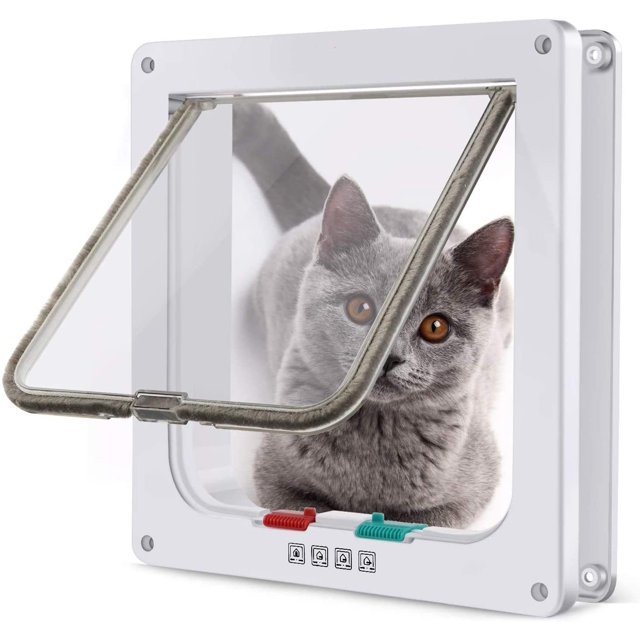 4 Way Locking Cat Door, Lockable Cat Flap Doors for Cats and Small Dogs, Installing Easily, Suitable for Glass, Wooden, Brick, Metal Door and Window, Transparent