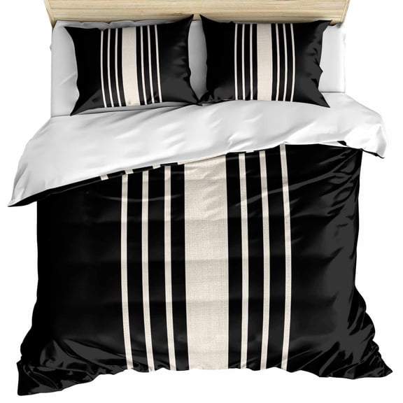 Black Beige Striped Bedding 3 Piece Duvet Cover Set Twin Size, Modern Farmhouse Retro Lines Soft Microfiber Comforter Cover with Zipper Closure & Pillowcases, Wrinkle & FadeResistant Quilt Cover