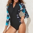 thumbnail image 4 of WREESH Womens One Piece Swimsuit Rash Guard Swimsuits Print New Fashion Long Sleeve Splicing Swimsuit Casual Bikini Swimsuit Bathing Suits Black, 4 of 9