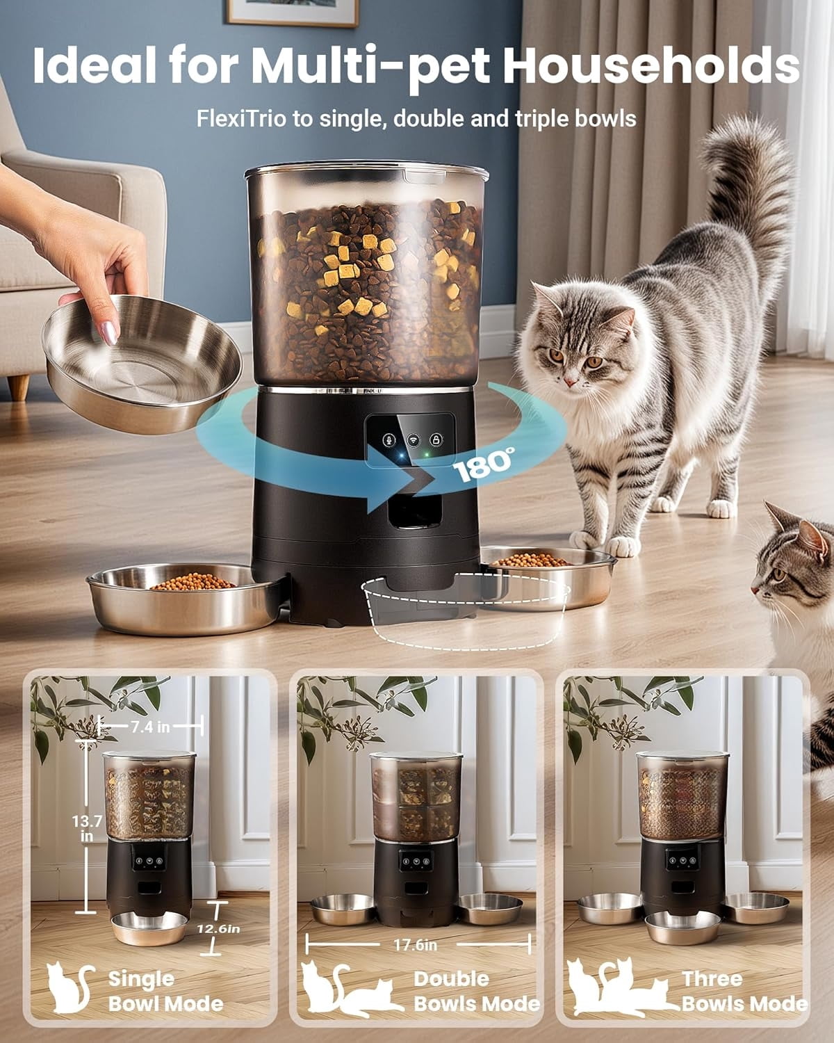 Smart WiFi Automatic Cat Feeder for 3 Cats, 6L/25 Cup Anti-Jam Pet Food Dispenser with Dual Desiccant and 10s Voice Recorder, Suitable for Cats & Small Dogs, Black
