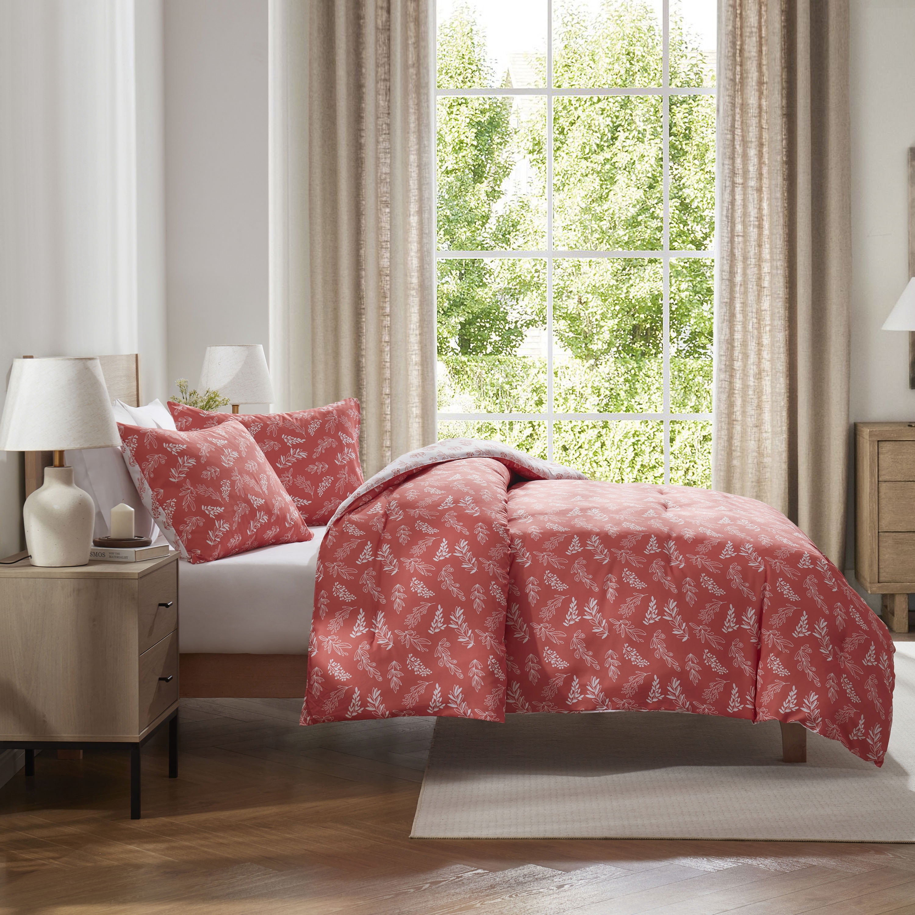 LammaLoe King Size Comforter Sets, 3 Piece Botanical Bed in a Bag, Reversible Bedding Comforter Set with Sheets, Modern Bed Set, Flamingo Pink/Cloudstone