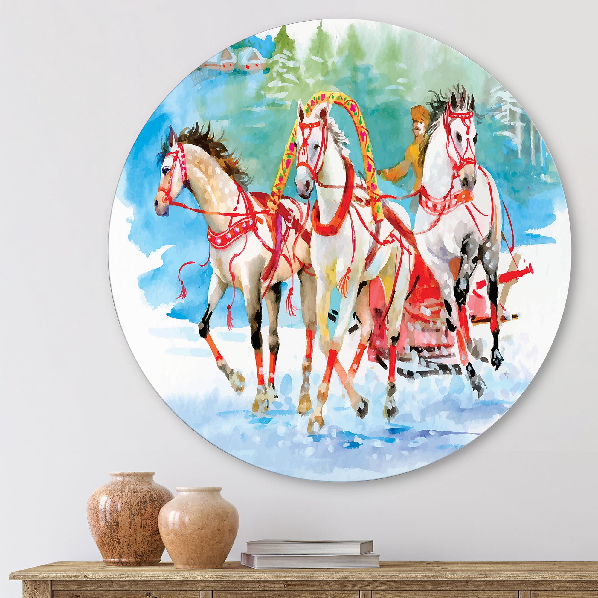 Designart 'Carriage In The Snow With Galoping Horses' Farmhouse Circle Metal Wall Art 23x23 - Disc of 23