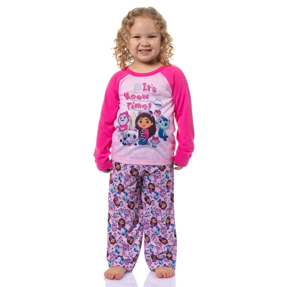 Gabby's Dollhouse It's Meow Time Toddler Girl's Raglan 2-Piece Long Sleeve and Long PJ Pant Pajama Set