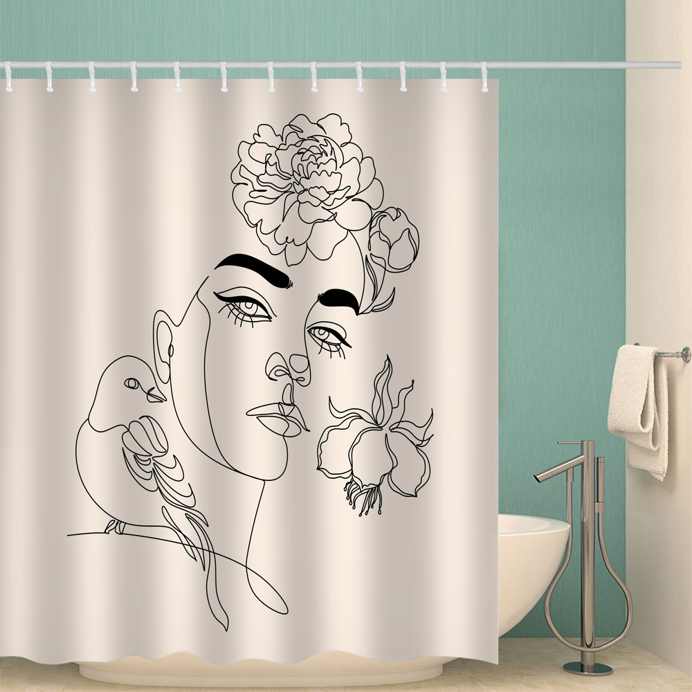 Fabric Shower Curtain Sketch Girl Face with Flowers and Bird Home Decor