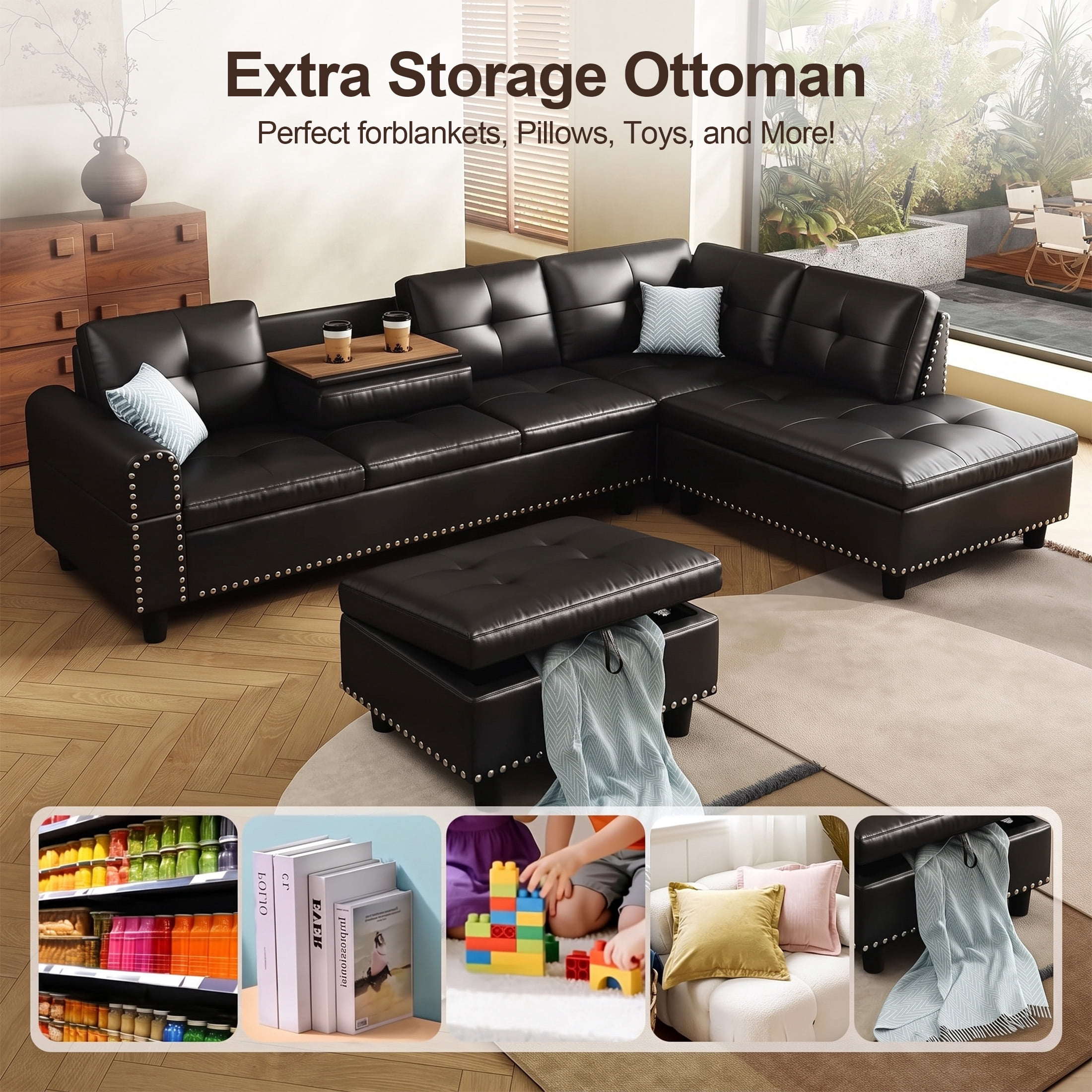 AENKYO 98" L-Shaped Sectional Sofa with Reversible Chaise, Storage Ottoman & Cup Holders, Faux Leather, Black