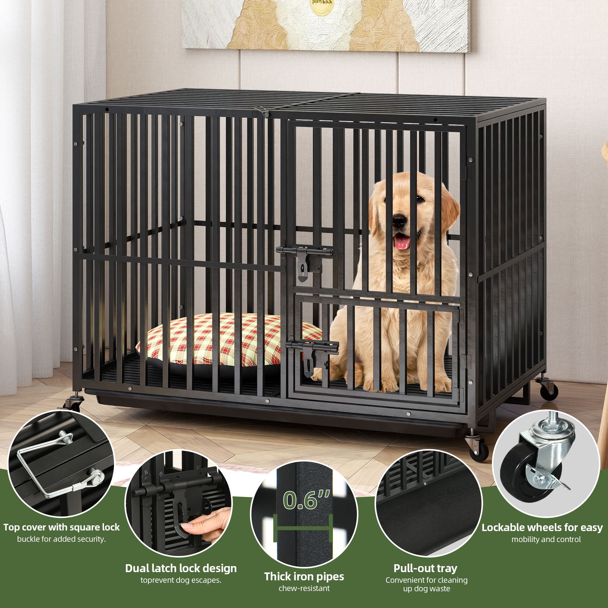 Uforic 42" Heavy Duty Dog Crate for Large Dogs with Lockable Wheels, Dog Kennel with Removable Tray